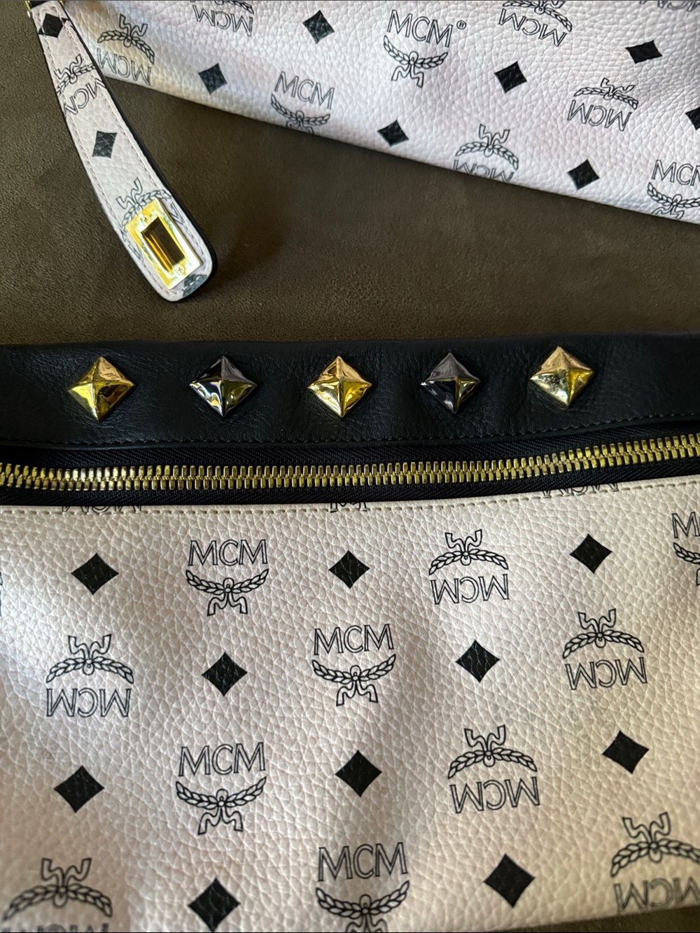 MCM LightPink Logo Black Trim Studded Leather Backpack Includes Detachable Pouch - Picture 7 of 17
